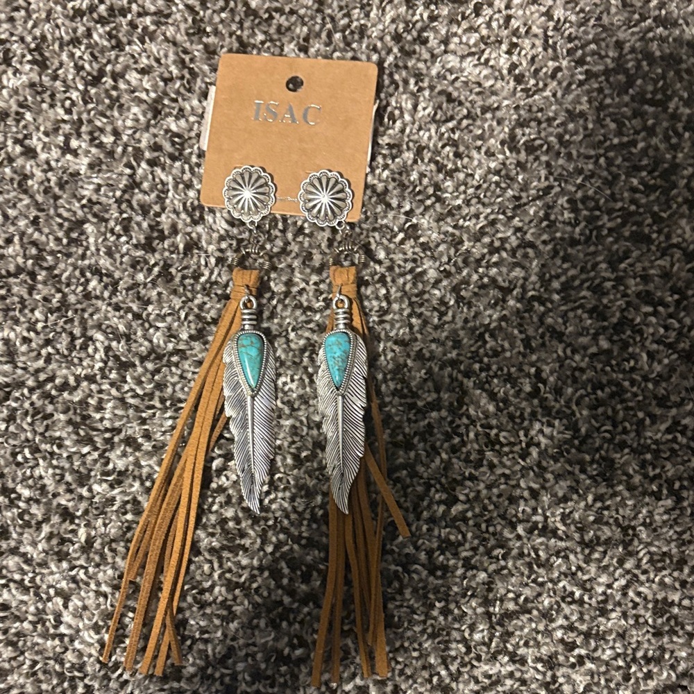 Silver and Turquoise Feather Earrings with Fringe